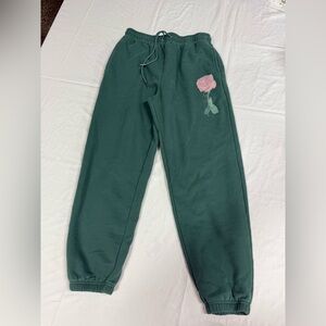OTTO by Kris EXCLUSIVE Women’s Green Sweatpants with Pink Rose Embroidery